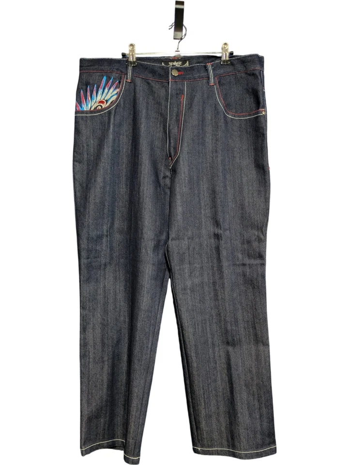 Необработанные синие мужские джинсы с вышитым черепом дизайн темная джинсовая ткань размер W38 (KN) - Изображение 2 из 4