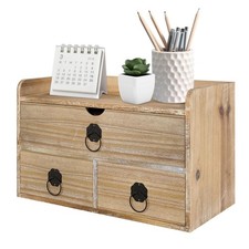 SeekElegant Washed White Wood Desk Organizer, Mini Desktop Organizer with Drawer