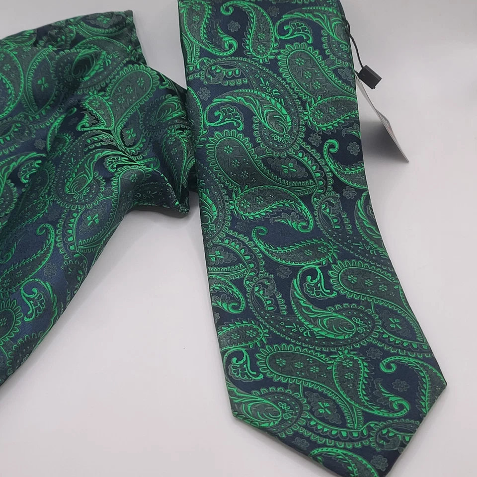 Paisley 领带和口袋方形绿色海军蓝 Hisdern — 第 3/4 张图片