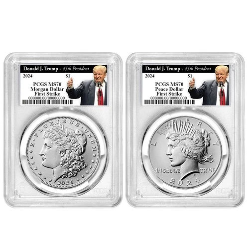 2pc Set - 2024 $1 Morgan and Peace Silver Dollar PCGS MS70 FS Trump 45th