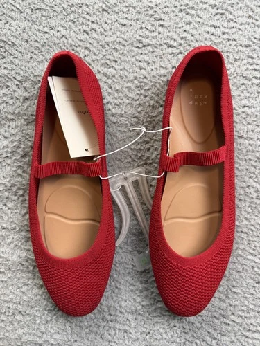 A New Day Shoes Womens Size 10 Red Knit Mary Jane Flats Strap Comfort New Tag