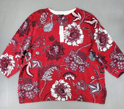 New Talbots 3XP Red Floral Cashmere Sweater Preppy Soft Casual Crew 3/4 Sleeve