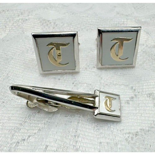 Vintage Swank Initial T Old English Font Cufflinks Tie Clip Bar Set