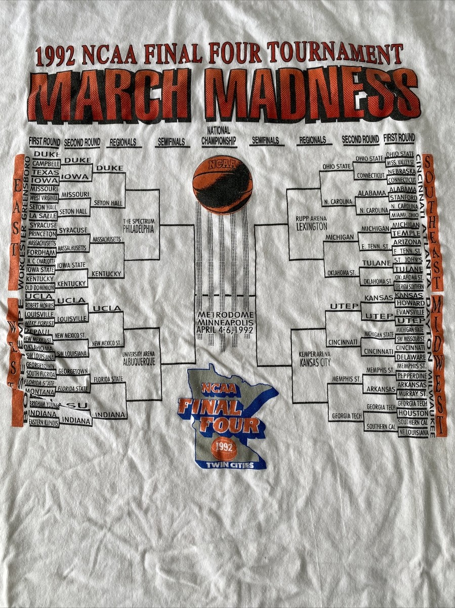 Vintage 1992 NCAA Final Four March Madness Bracket T Shirt Sz XL