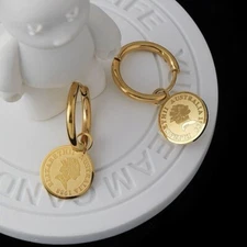 Woman 18K Gold Plated Elizabeth Queen Earring Clip Round Hoop Huggie Drop Dangle