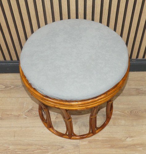 vintage Hocker Bugholz Bambus rund abnehmbares Kissen grau 80er Jahre boho retro - Bild 2 von 9