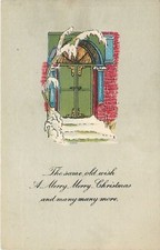 Christmas~Art Deco~Green Door~Brass Studs~Blue Pillars~Snow Covered Steps~Tree