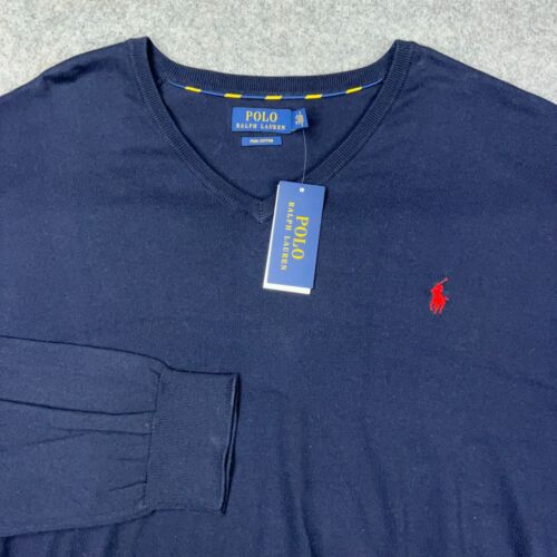 Polo Ralph Lauren Sweater Mens 5XB Navy Blue V Neck Pima Cotton Pullover NEW NWT