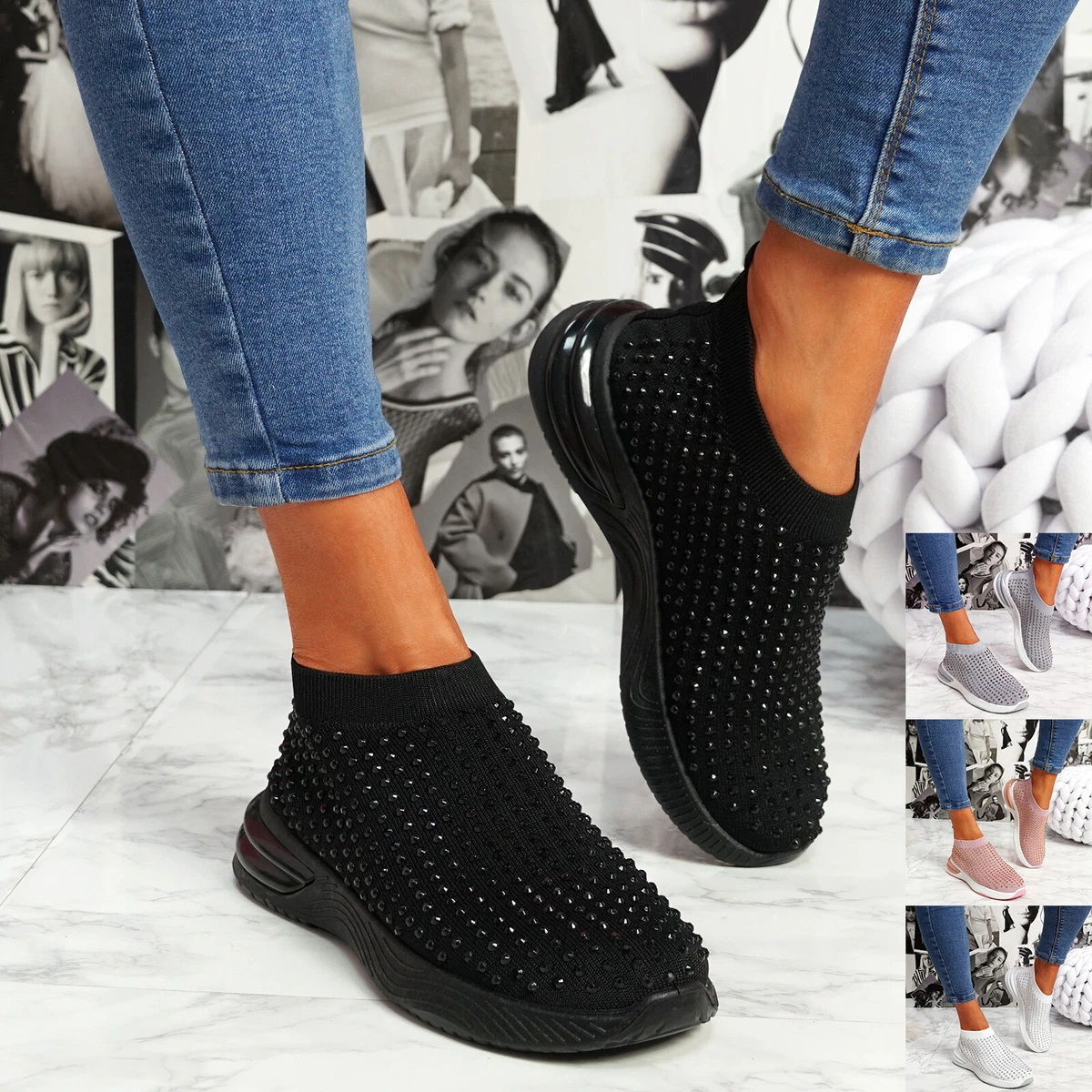 WOMENS LADIES DIAMANTE STUDDED SOCK SLIP ON SNEAKERS PARTY TRAINERS WOMEN SHOES