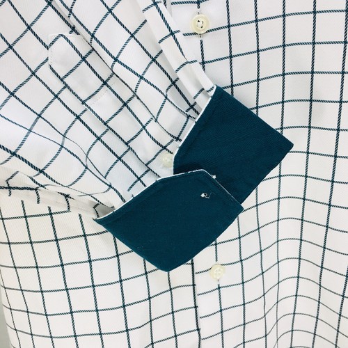 Paul Fredrick Men Size 17.5-37 Dress Shirt Trim Fit Plaid White Green Slim Flip - Picture 5 of 9