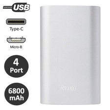 Portable Power Bank 6800mAh 2A with 2 USB Port USB-A Type C  Micro B Silver