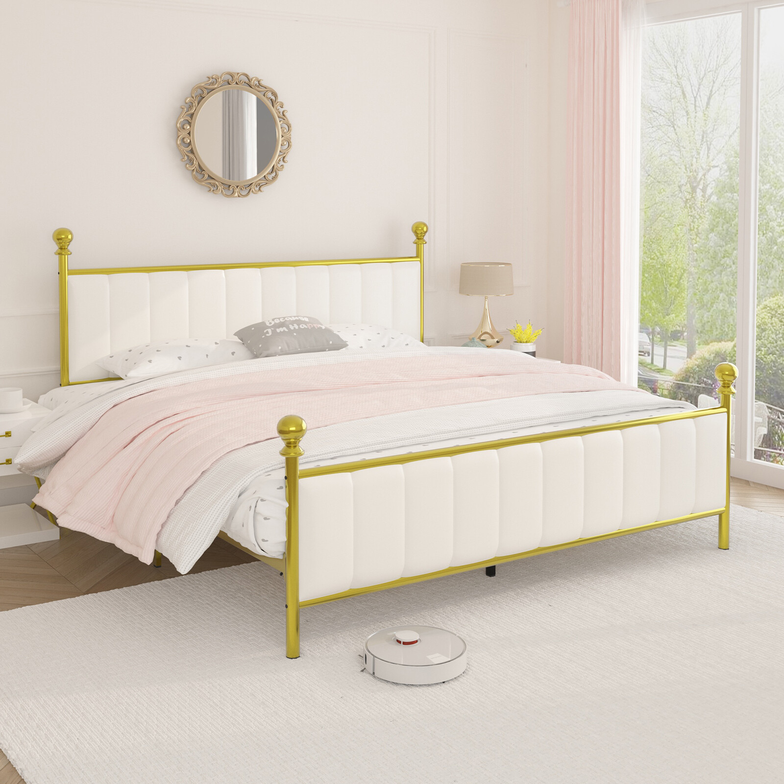 Bed Frame Full/Queen Size with PU Leather Headboard and Footboard-image