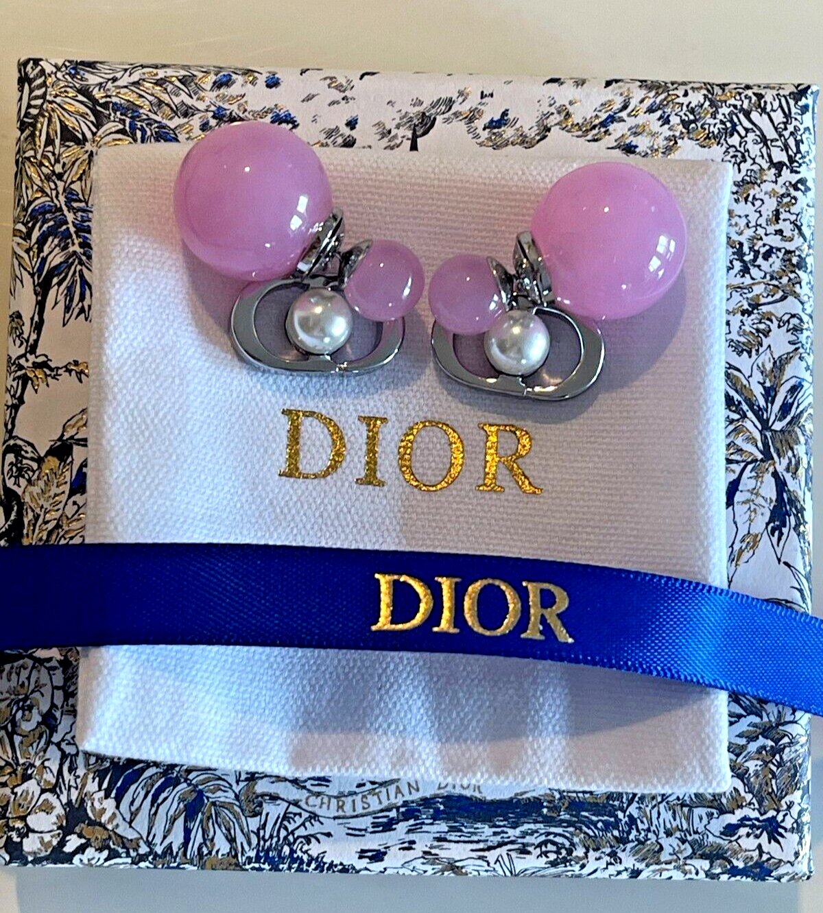 Dior Tribal Silver Tone Pink Round Stud Earrings