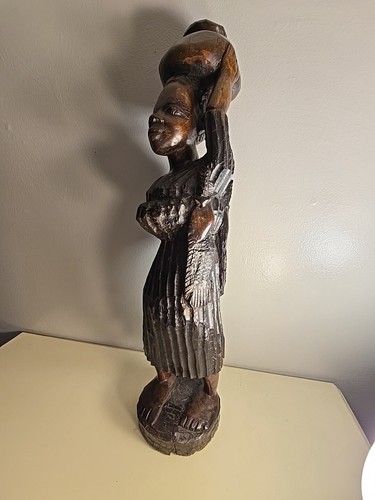Native African Woman Statue Handcarved Wood Food Water Vessel Head 24 Inches - Picture 14 of 23