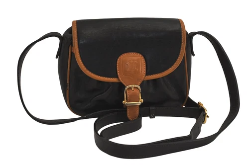 Authentic CELINE Vintage Shoulder Cross Body Bag Purse Leather Black 7049M