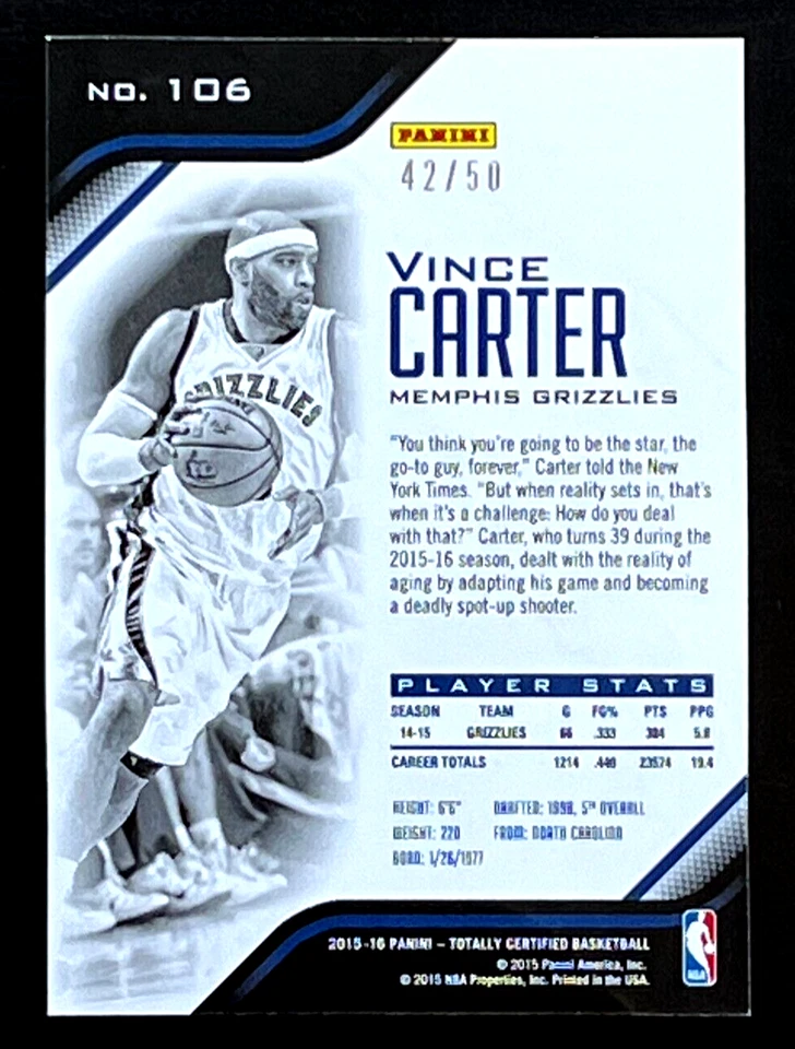 Vince Carter 2015-16 Totally Certified 42/50 Purple Mirror Grizzlies No 106 - Image 2 of 2