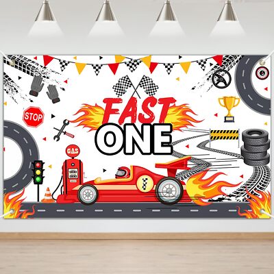 Fast One High Chair Banner - 1st Birthday Race Car Theme Decor, Vintage & Retro Race