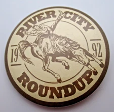 River City Roundup 1992 Pinback Button Cowboy Rodeo Bronco Vintage Western Horse
