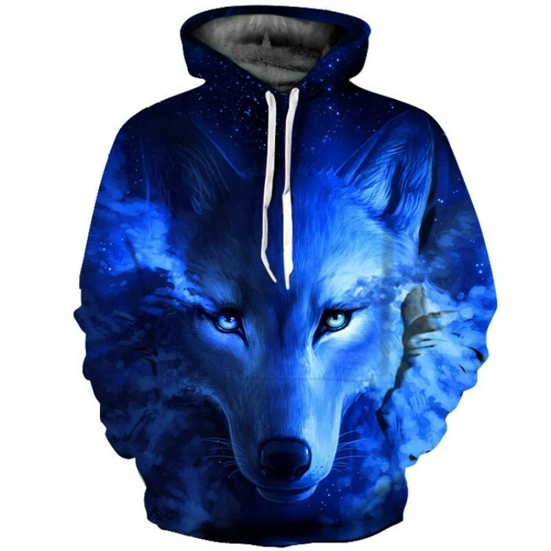 Men Women Fashion 3D Wolf Printed Hoodie Cool Animal Pullover Top