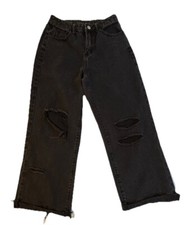 SHEIN BLACK WASH CROPPED BAGGY DISTRESSED WIDE LEG DENIM JEANS, SIZE M