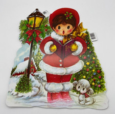 Vintage NOS Cardboard Die Cut Girl Caroler 14.75"x12