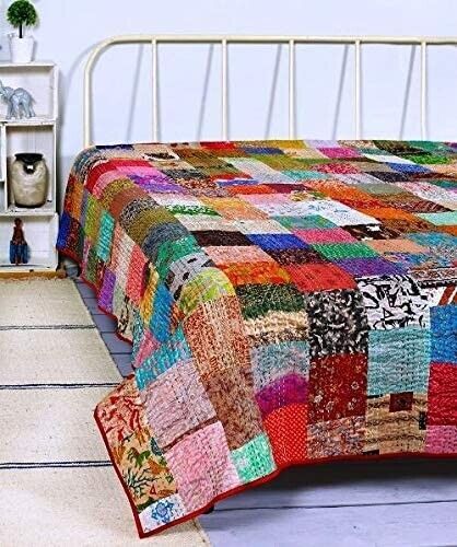 Handmade Kantha Quilt Indian Patola Silk Patchwork Bedspread King