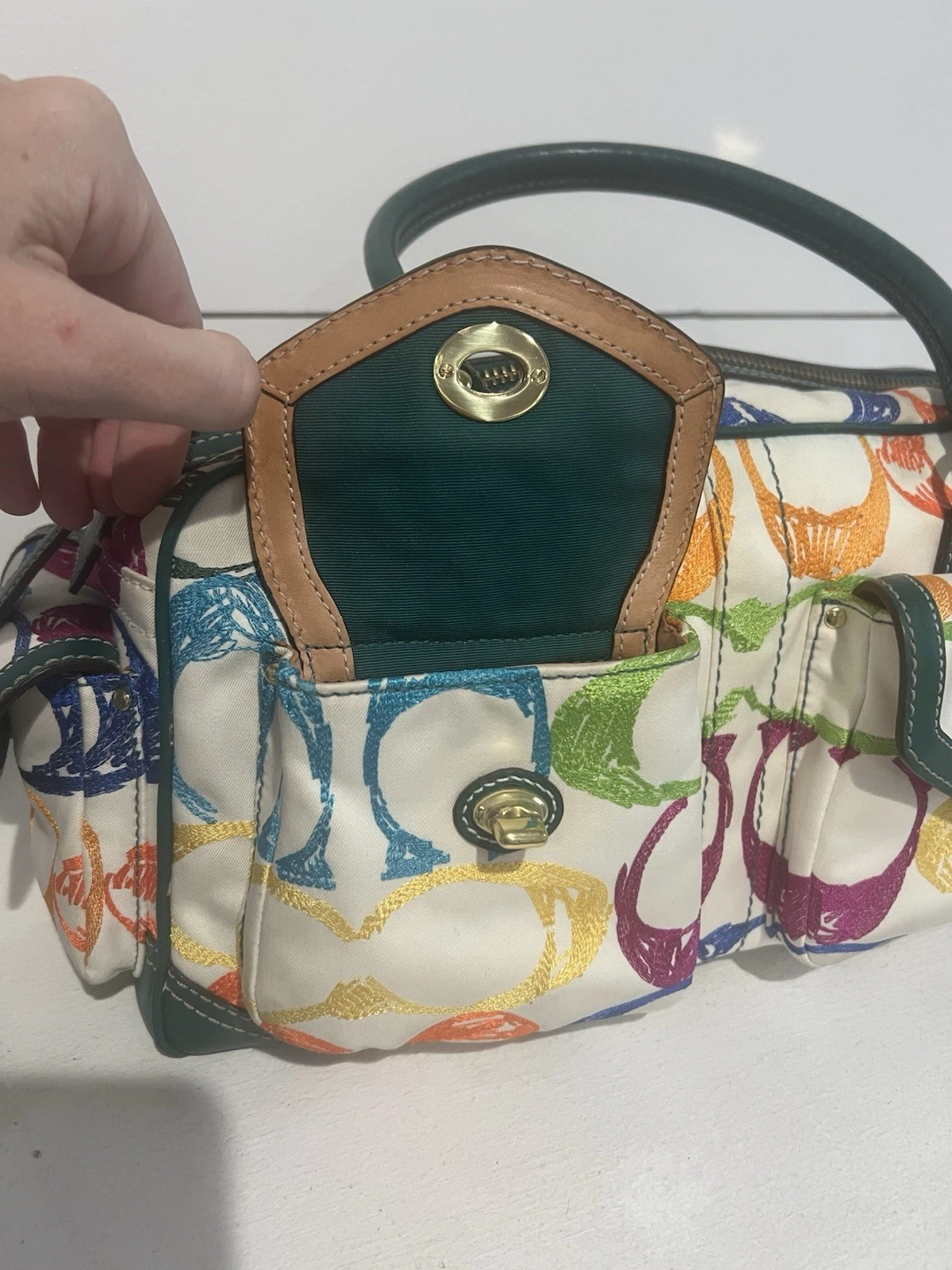 Borsa a tracolla Coach vintage cucita arcobaleno scribble grande firma #1847