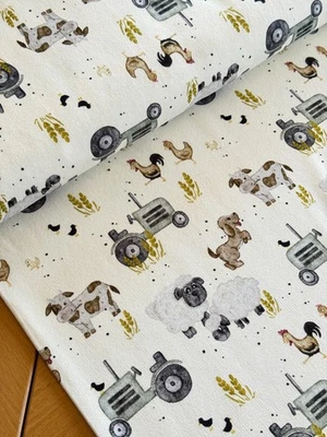 HILCO Sweatstoff Traktor Trecker French Terry Bauernhof Creme Baumwolle Kinder