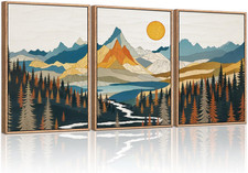 Large Sunset Mountain Wall Art Set of 3, Boho Canvas Decor for Living Room