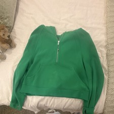 Women s Green Pullover Hoodie L 1/4 Zip Long Sleeve Hooded Pockets Solid