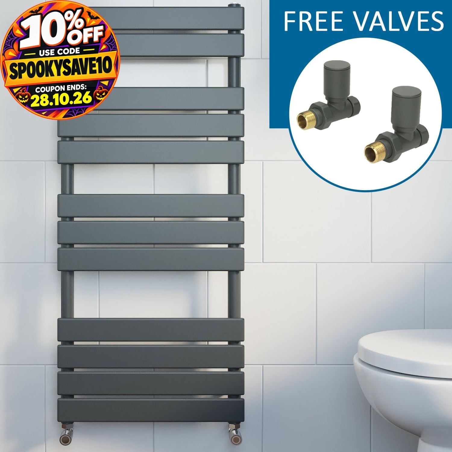 DuraTherm Modern Flat Panel Heated Towel Rail Radiator Anthracite 1200x500mm - Straight Valves - Image 2