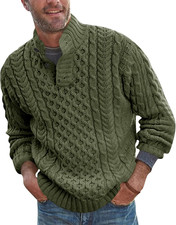 Mens Stand Collar Pullover Sweater Cable Knitted Chunky Winter Fashion Buttons T