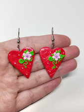 Red Heart Polymer Clay Earrings with Floral Detail Handmade