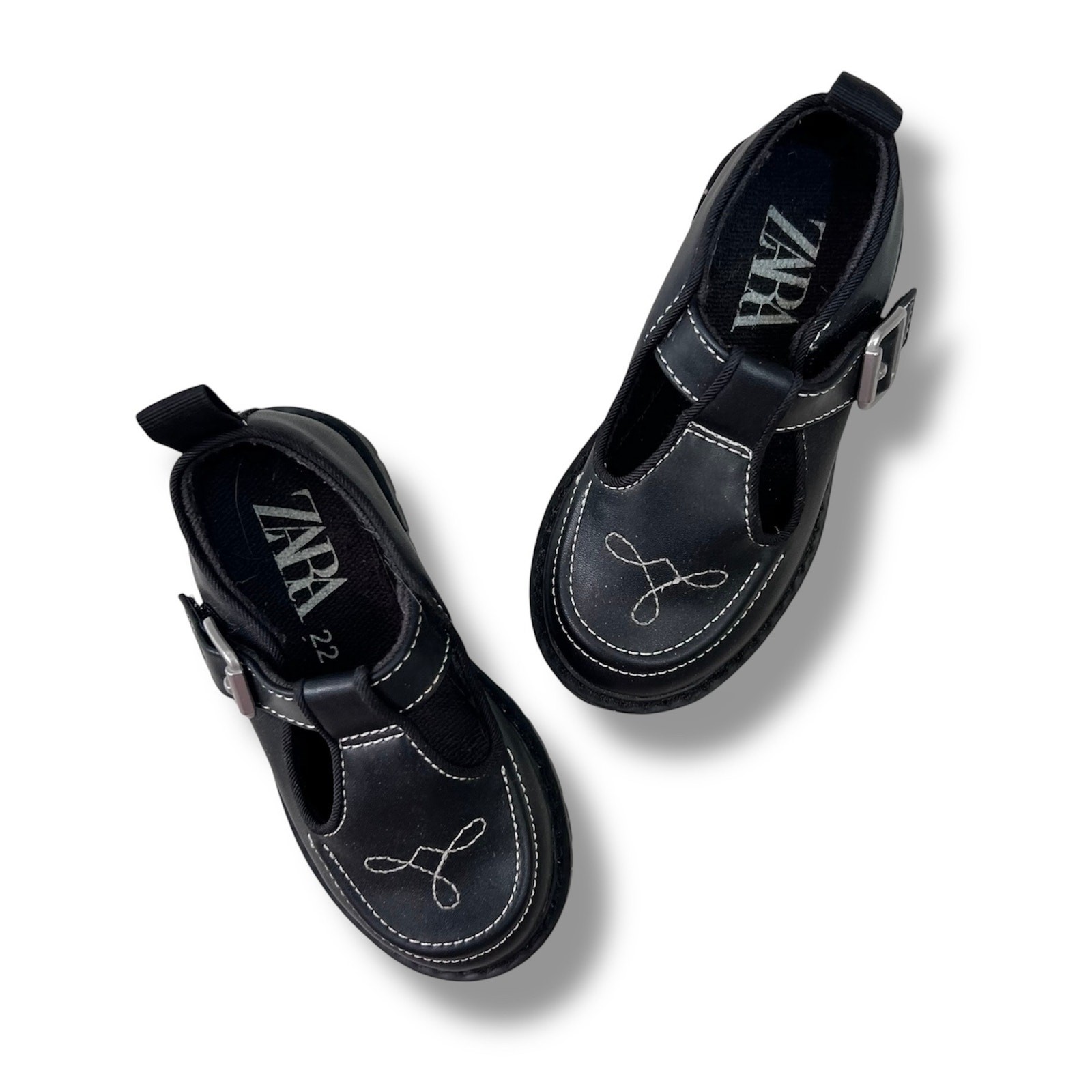Zara Mary Jane Shoes Toddler 22 Black T-Strap Embroidered Dressy School Flats