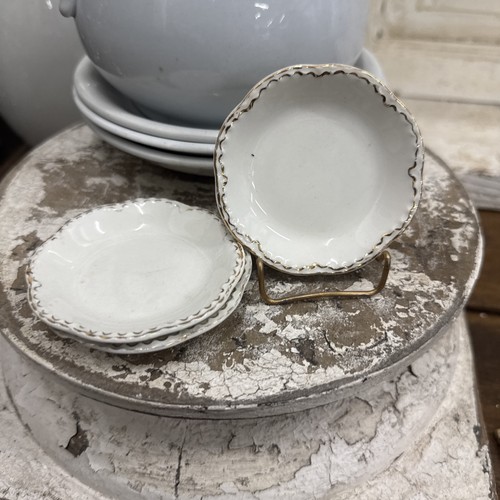 3 Atq Johnson Bros white scalloped butter pat w/gold trim; green crown backstamp