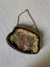 Vintage Needlepoint Floral Purse Petit Point Evening Bag BrassFrame Chain Handle