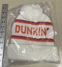 Dunkin’ Donuts Coffee White Winter Pom Beanie Cap Hat Snow Spell Out Logo NEW!