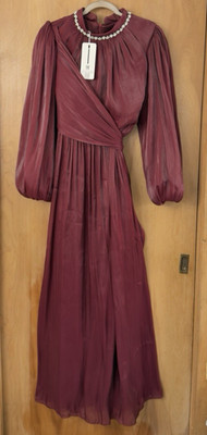 Amine Huma Women's Long Chiffon Embellished Wrap Dress Burgundy Sz 46 US 16 NWT