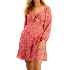 Bar III Floral Tie Bow Front Smocked Back Long Sleeve Mini Dress Pink Red Large