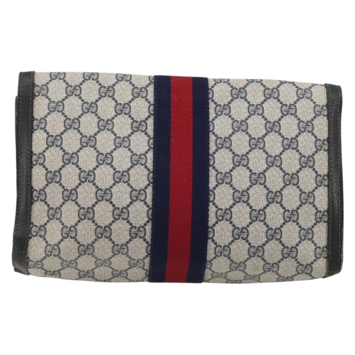 GUCCI GG Supreme Sherry Line Clutch Bag PVC Navy Gold 41 014 3087