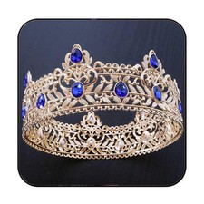 Yean Gold King Crowns with Blue Rhinestone Crowns and Tiara Adults Royal Round C