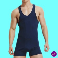 LIVINGLY LIGHT Herren Baumwoll Tank Top Einteiler Wrestling Singlet, Blau, UK L