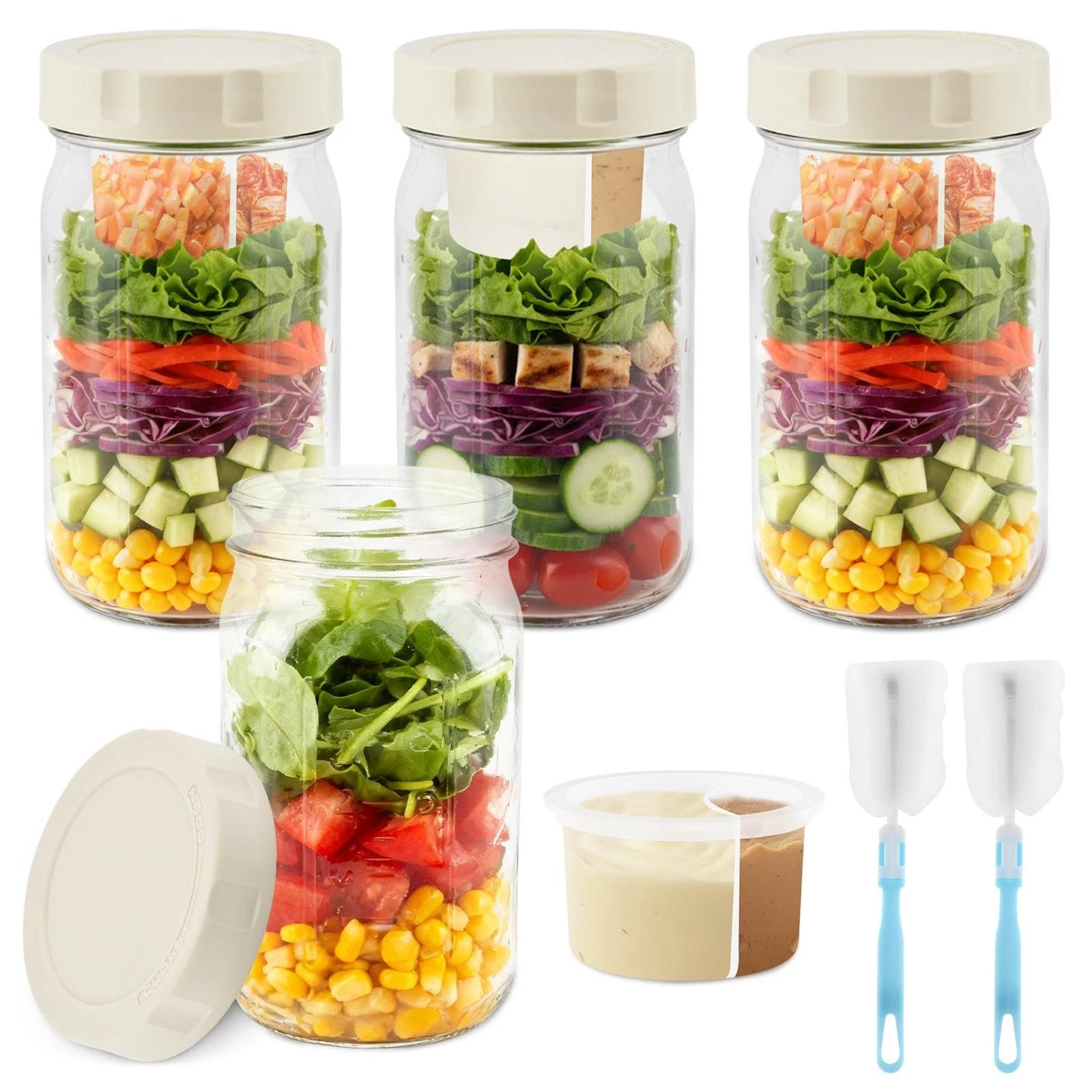 4 Pack Glass Salad Jars with Lids Meal Prep, 32oz Leakproof Mason Jar Salad C...