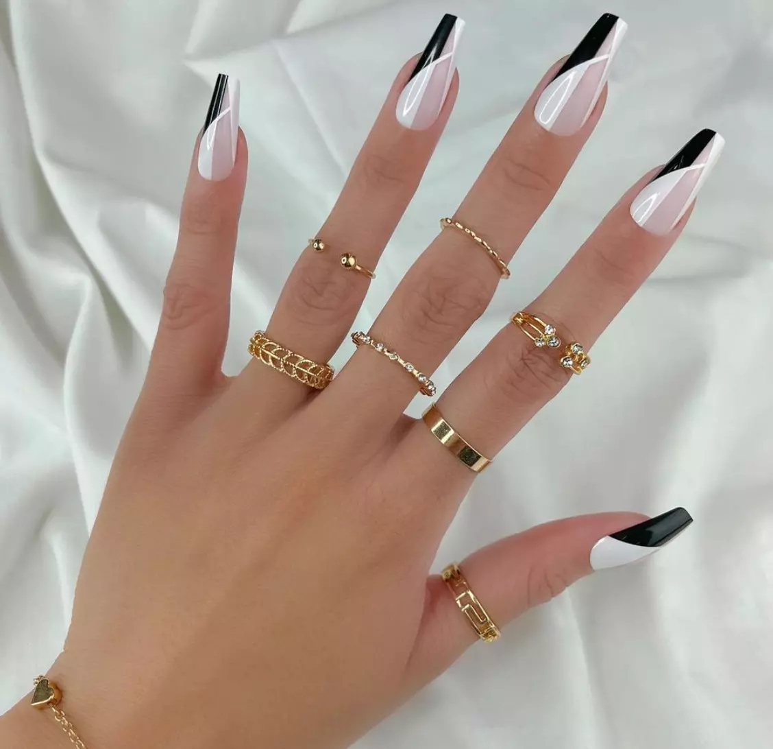 white nails black design