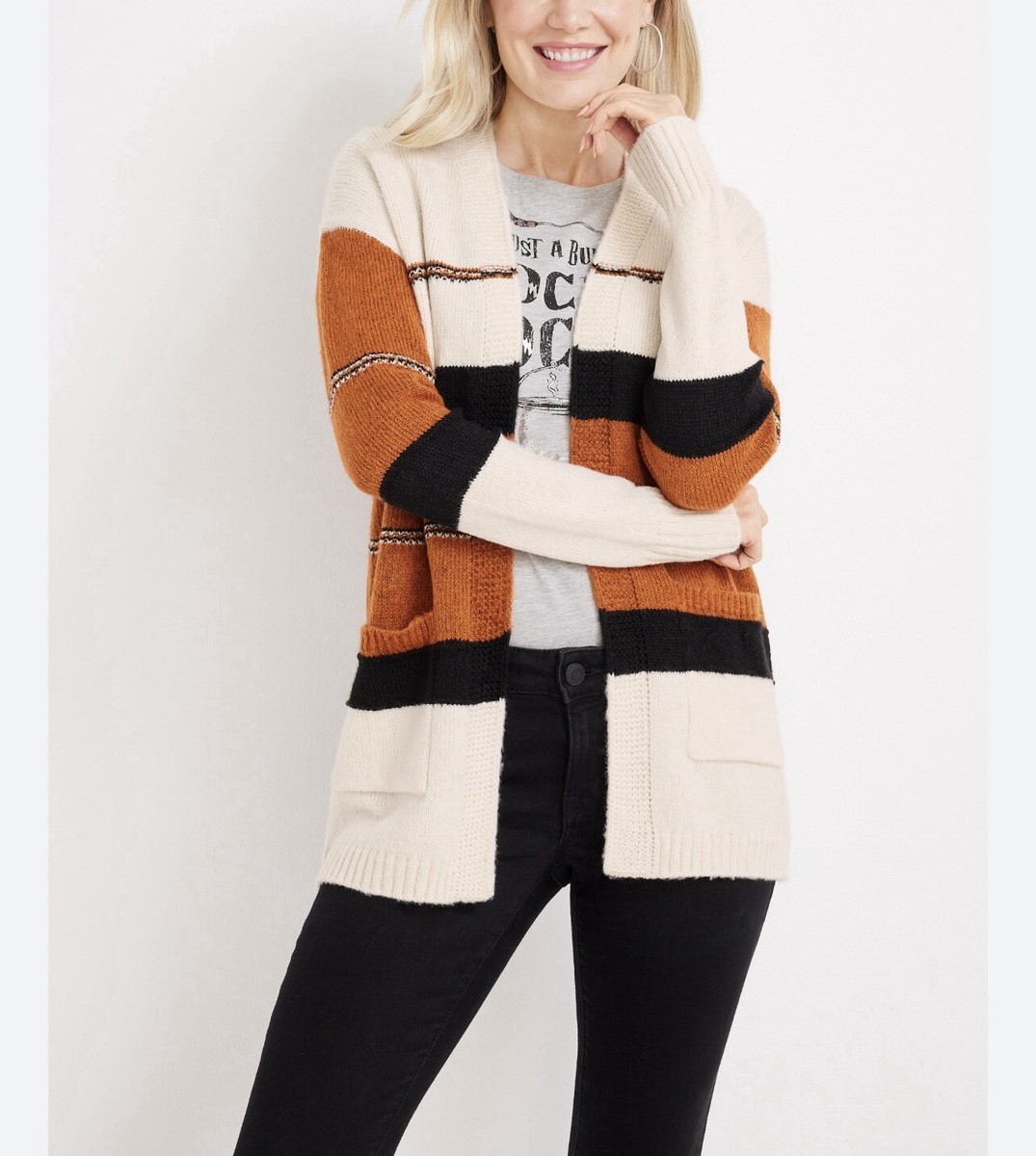 Maurices White Black Orange Striped Slouchy Knit Cardigan Medium