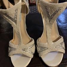 Betsey Johnson Stiletto ivory BeadedRhinestone buckled Peep Toe Women's 8 1/2