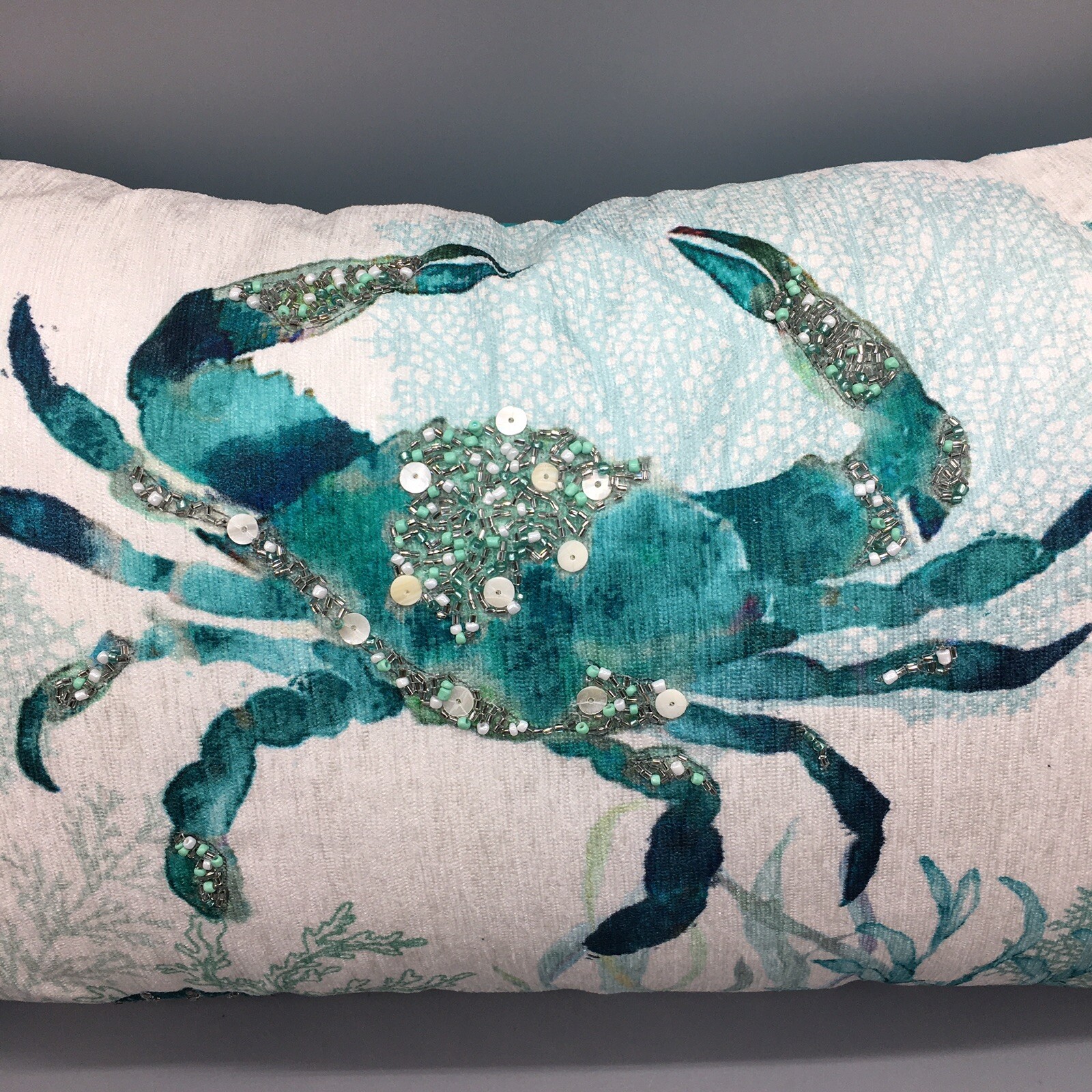 Coastal Collection Beaded Crab Seahorse Lumbar Pillow Beach Ocean Decor