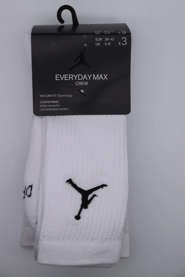 NIKE JORDAN MAX EVERYDAY CREW CUSHIONED SOCKS 3PACK WHITE SX5545-100 UK2-5 - Image 4 of 4