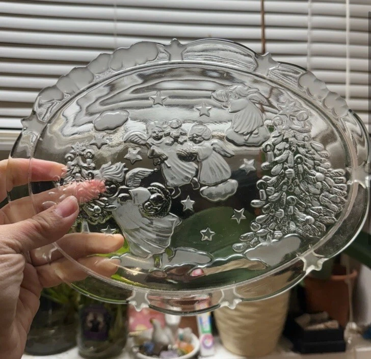 Plato de cristal de Navidad años 80 con ángeles, estrellas, celestial, plato de caramelo ovalado Foto 2 de 4