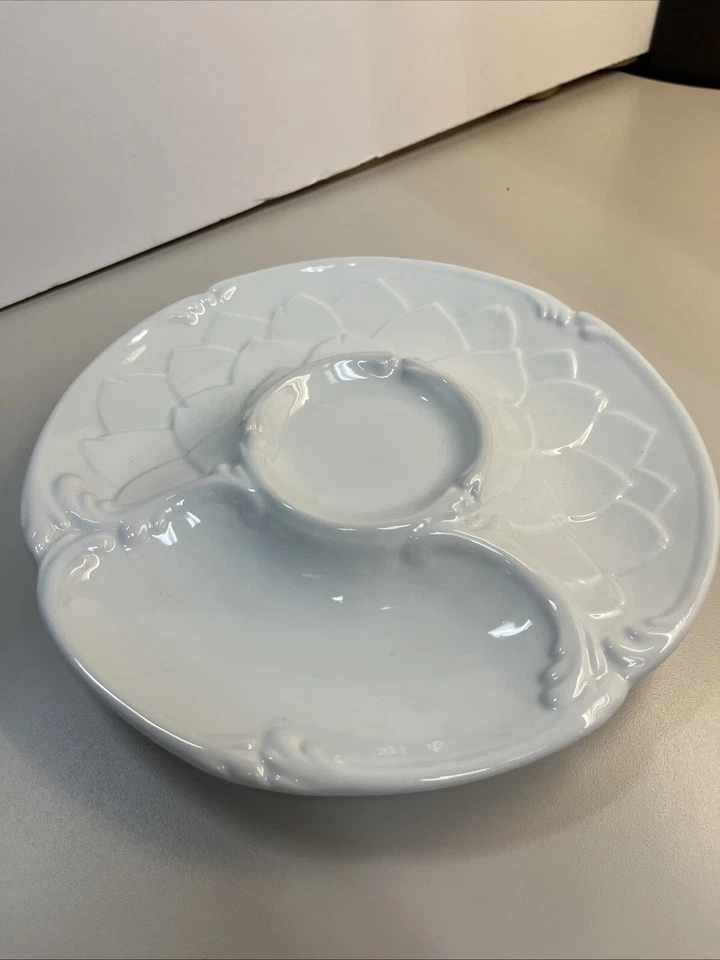 Plato Williams Sonoma Blanco Cerámica Aperitivo Chip & Dip Hoja Patrón Usado en Excelente Condición Foto 4 de 4